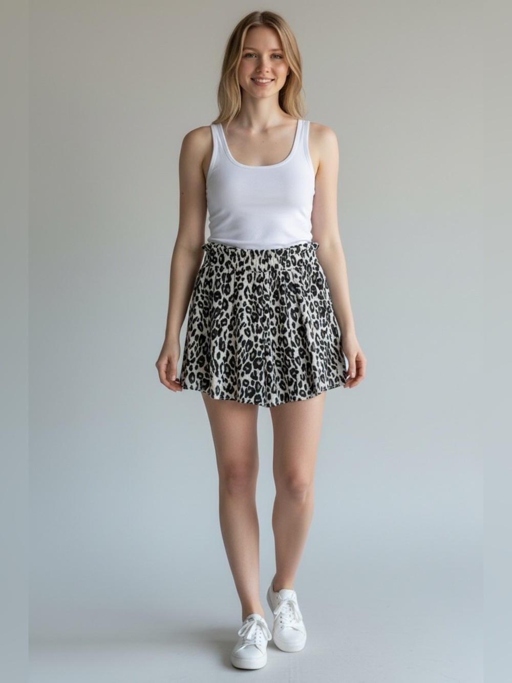 Umgee Leopard Print Flouncy Skort Animal Print Smocked Waist Shorts Size L EUC